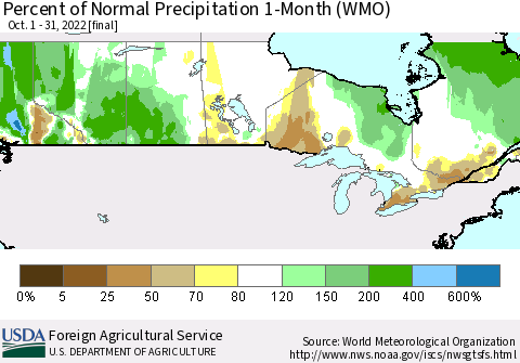 Canada Percent of Normal Precipitation 1-Month (WMO) Thematic Map For 10/1/2022 - 10/31/2022