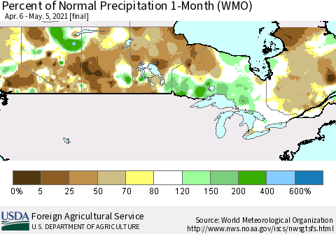 Canada Percent of Normal Precipitation 1-Month (WMO) Thematic Map For 4/6/2021 - 5/5/2021