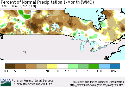 Canada Percent of Normal Precipitation 1-Month (WMO) Thematic Map For 4/11/2021 - 5/10/2021