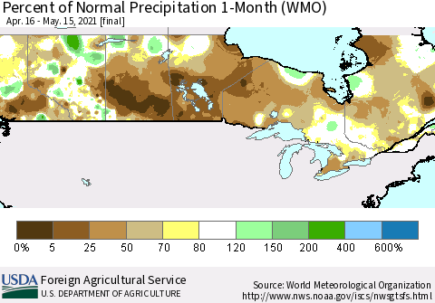 Canada Percent of Normal Precipitation 1-Month (WMO) Thematic Map For 4/16/2021 - 5/15/2021