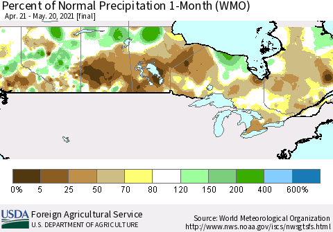 Canada Percent of Normal Precipitation 1-Month (WMO) Thematic Map For 4/21/2021 - 5/20/2021