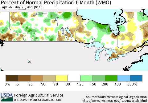 Canada Percent of Normal Precipitation 1-Month (WMO) Thematic Map For 4/26/2021 - 5/25/2021