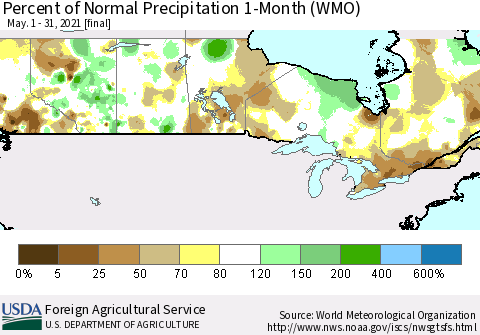 Canada Percent of Normal Precipitation 1-Month (WMO) Thematic Map For 5/1/2021 - 5/31/2021