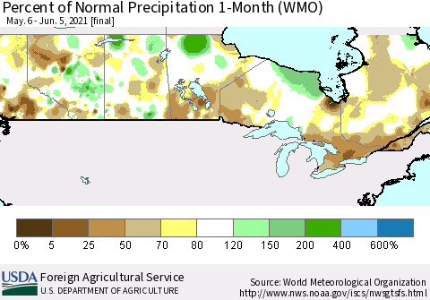 Canada Percent of Normal Precipitation 1-Month (WMO) Thematic Map For 5/6/2021 - 6/5/2021