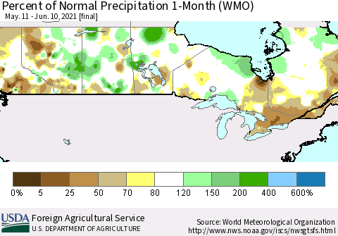 Canada Percent of Normal Precipitation 1-Month (WMO) Thematic Map For 5/11/2021 - 6/10/2021