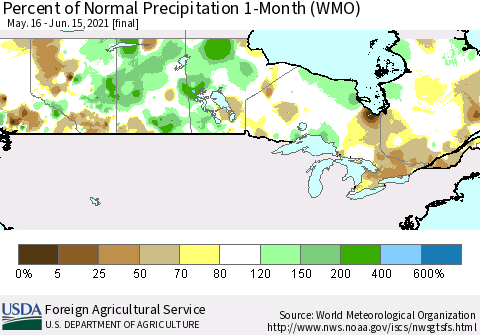 Canada Percent of Normal Precipitation 1-Month (WMO) Thematic Map For 5/16/2021 - 6/15/2021