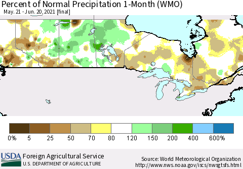 Canada Percent of Normal Precipitation 1-Month (WMO) Thematic Map For 5/21/2021 - 6/20/2021