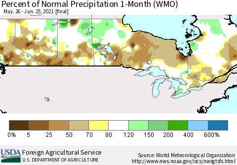 Canada Percent of Normal Precipitation 1-Month (WMO) Thematic Map For 5/26/2021 - 6/25/2021