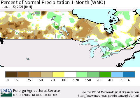 Canada Percent of Normal Precipitation 1-Month (WMO) Thematic Map For 6/1/2021 - 6/30/2021