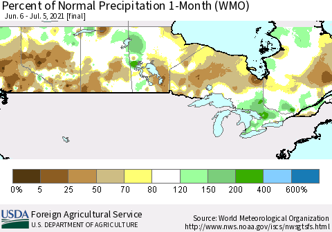 Canada Percent of Normal Precipitation 1-Month (WMO) Thematic Map For 6/6/2021 - 7/5/2021