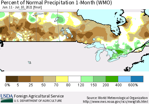 Canada Percent of Normal Precipitation 1-Month (WMO) Thematic Map For 6/11/2021 - 7/10/2021