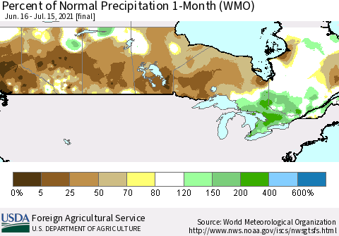 Canada Percent of Normal Precipitation 1-Month (WMO) Thematic Map For 6/16/2021 - 7/15/2021