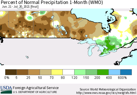 Canada Percent of Normal Precipitation 1-Month (WMO) Thematic Map For 6/21/2021 - 7/20/2021