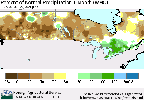 Canada Percent of Normal Precipitation 1-Month (WMO) Thematic Map For 6/26/2021 - 7/25/2021