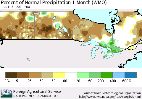 Canada Percent of Normal Precipitation 1-Month (WMO) Thematic Map For 7/1/2021 - 7/31/2021