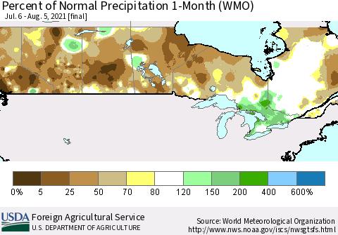 Canada Percent of Normal Precipitation 1-Month (WMO) Thematic Map For 7/6/2021 - 8/5/2021
