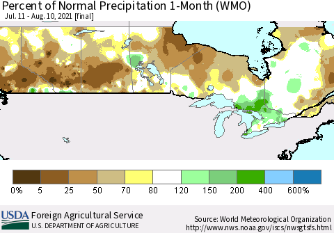 Canada Percent of Normal Precipitation 1-Month (WMO) Thematic Map For 7/11/2021 - 8/10/2021