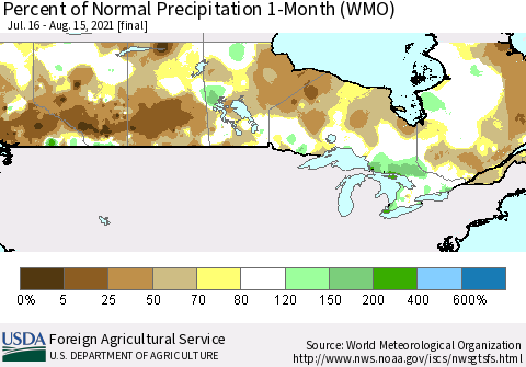 Canada Percent of Normal Precipitation 1-Month (WMO) Thematic Map For 7/16/2021 - 8/15/2021