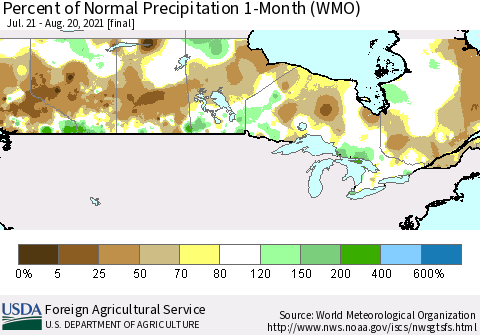 Canada Percent of Normal Precipitation 1-Month (WMO) Thematic Map For 7/21/2021 - 8/20/2021