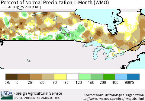 Canada Percent of Normal Precipitation 1-Month (WMO) Thematic Map For 7/26/2021 - 8/25/2021