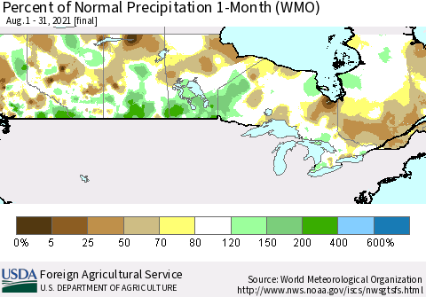 Canada Percent of Normal Precipitation 1-Month (WMO) Thematic Map For 8/1/2021 - 8/31/2021