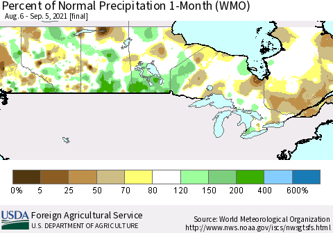 Canada Percent of Normal Precipitation 1-Month (WMO) Thematic Map For 8/6/2021 - 9/5/2021