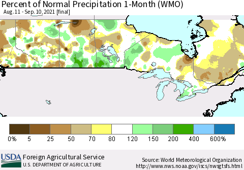 Canada Percent of Normal Precipitation 1-Month (WMO) Thematic Map For 8/11/2021 - 9/10/2021
