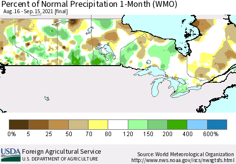 Canada Percent of Normal Precipitation 1-Month (WMO) Thematic Map For 8/16/2021 - 9/15/2021