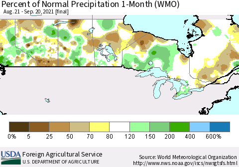 Canada Percent of Normal Precipitation 1-Month (WMO) Thematic Map For 8/21/2021 - 9/20/2021