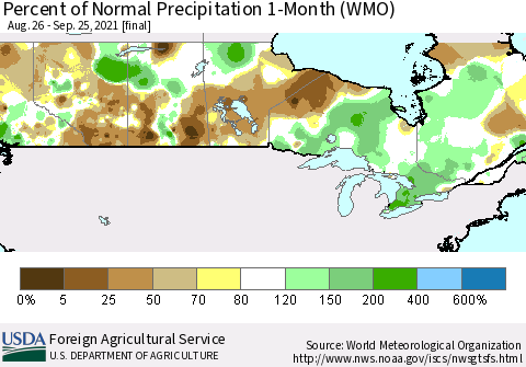 Canada Percent of Normal Precipitation 1-Month (WMO) Thematic Map For 8/26/2021 - 9/25/2021