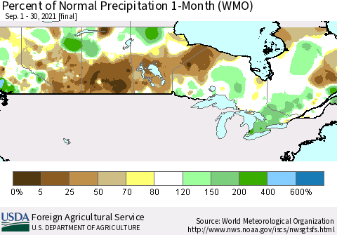 Canada Percent of Normal Precipitation 1-Month (WMO) Thematic Map For 9/1/2021 - 9/30/2021