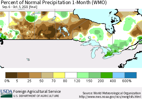 Canada Percent of Normal Precipitation 1-Month (WMO) Thematic Map For 9/6/2021 - 10/5/2021