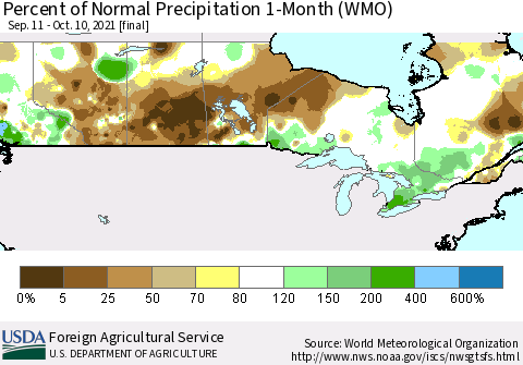 Canada Percent of Normal Precipitation 1-Month (WMO) Thematic Map For 9/11/2021 - 10/10/2021