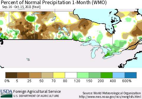Canada Percent of Normal Precipitation 1-Month (WMO) Thematic Map For 9/16/2021 - 10/15/2021