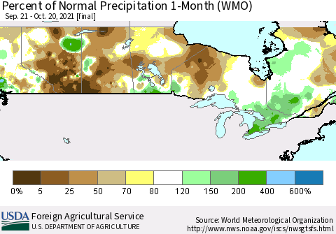 Canada Percent of Normal Precipitation 1-Month (WMO) Thematic Map For 9/21/2021 - 10/20/2021