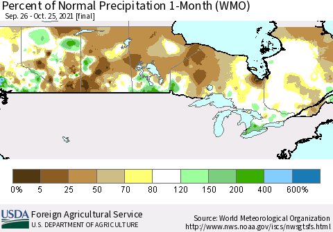 Canada Percent of Normal Precipitation 1-Month (WMO) Thematic Map For 9/26/2021 - 10/25/2021