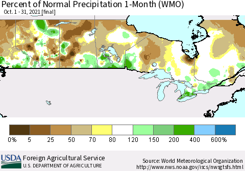 Canada Percent of Normal Precipitation 1-Month (WMO) Thematic Map For 10/1/2021 - 10/31/2021