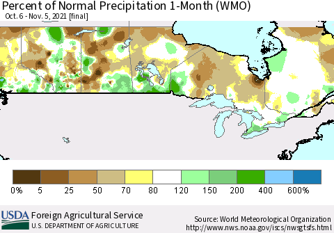 Canada Percent of Normal Precipitation 1-Month (WMO) Thematic Map For 10/6/2021 - 11/5/2021