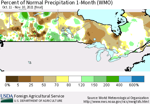 Canada Percent of Normal Precipitation 1-Month (WMO) Thematic Map For 10/11/2021 - 11/10/2021