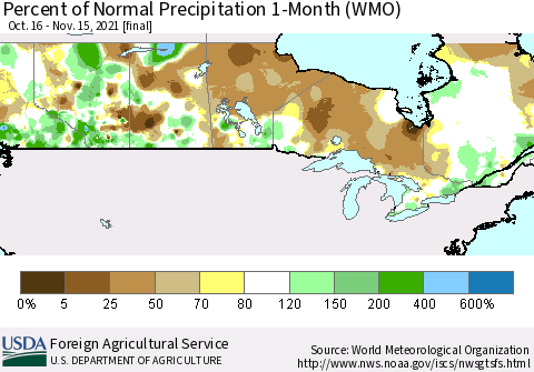 Canada Percent of Normal Precipitation 1-Month (WMO) Thematic Map For 10/16/2021 - 11/15/2021