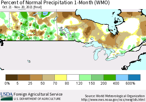 Canada Percent of Normal Precipitation 1-Month (WMO) Thematic Map For 10/21/2021 - 11/20/2021