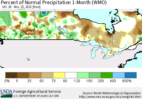 Canada Percent of Normal Precipitation 1-Month (WMO) Thematic Map For 10/26/2021 - 11/25/2021