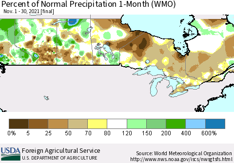 Canada Percent of Normal Precipitation 1-Month (WMO) Thematic Map For 11/1/2021 - 11/30/2021
