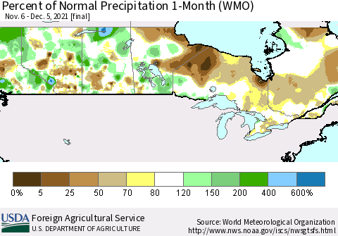 Canada Percent of Normal Precipitation 1-Month (WMO) Thematic Map For 11/6/2021 - 12/5/2021