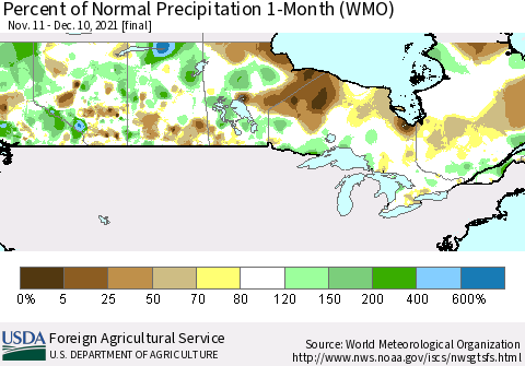 Canada Percent of Normal Precipitation 1-Month (WMO) Thematic Map For 11/11/2021 - 12/10/2021