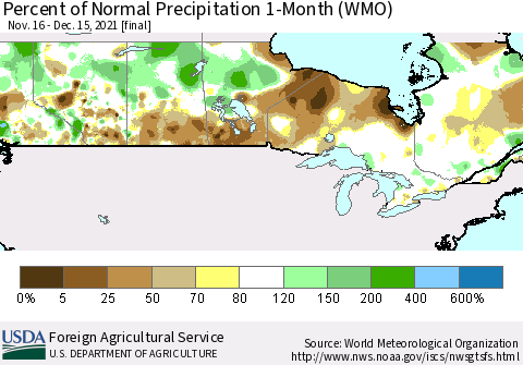 Canada Percent of Normal Precipitation 1-Month (WMO) Thematic Map For 11/16/2021 - 12/15/2021