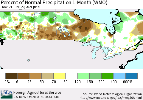 Canada Percent of Normal Precipitation 1-Month (WMO) Thematic Map For 11/21/2021 - 12/20/2021