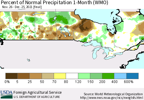 Canada Percent of Normal Precipitation 1-Month (WMO) Thematic Map For 11/26/2021 - 12/25/2021