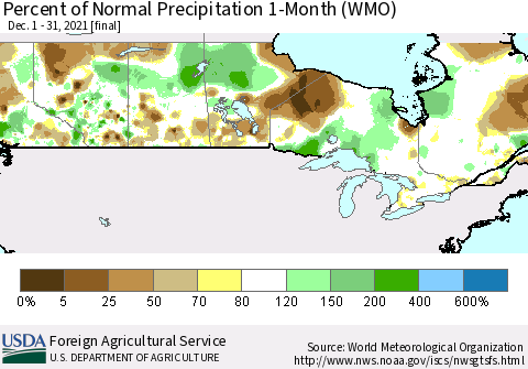 Canada Percent of Normal Precipitation 1-Month (WMO) Thematic Map For 12/1/2021 - 12/31/2021