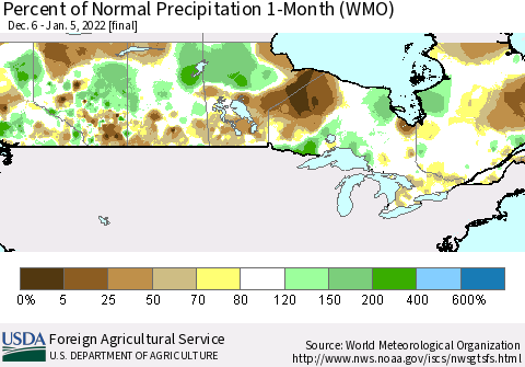 Canada Percent of Normal Precipitation 1-Month (WMO) Thematic Map For 12/6/2021 - 1/5/2022